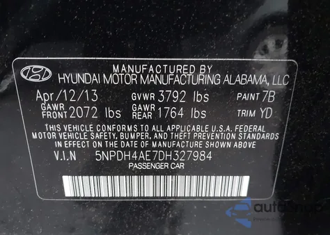 2013 Hyundai Elantra Gls из США, поврежденный, VIN 5NPDH4AE7DH327984